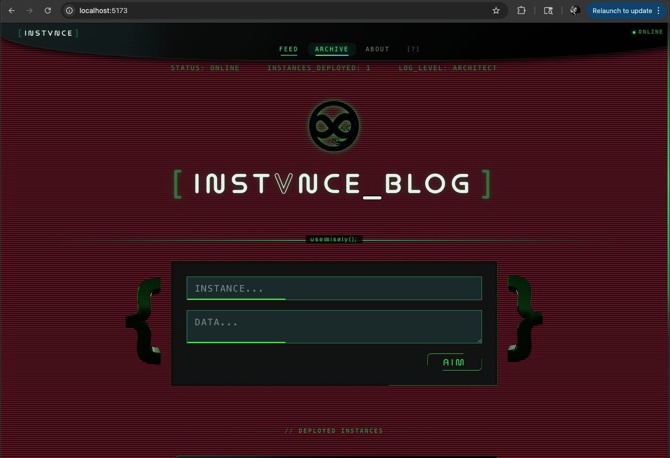 Navigation bar — FEED, ARCHIVE, ABOUT, [?] syntax ref, ONLINE indicator