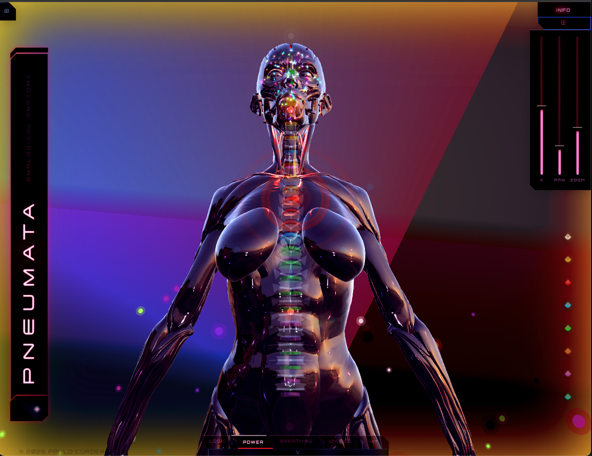 Female figure — dark mode close-up with vibrant spine and nodes